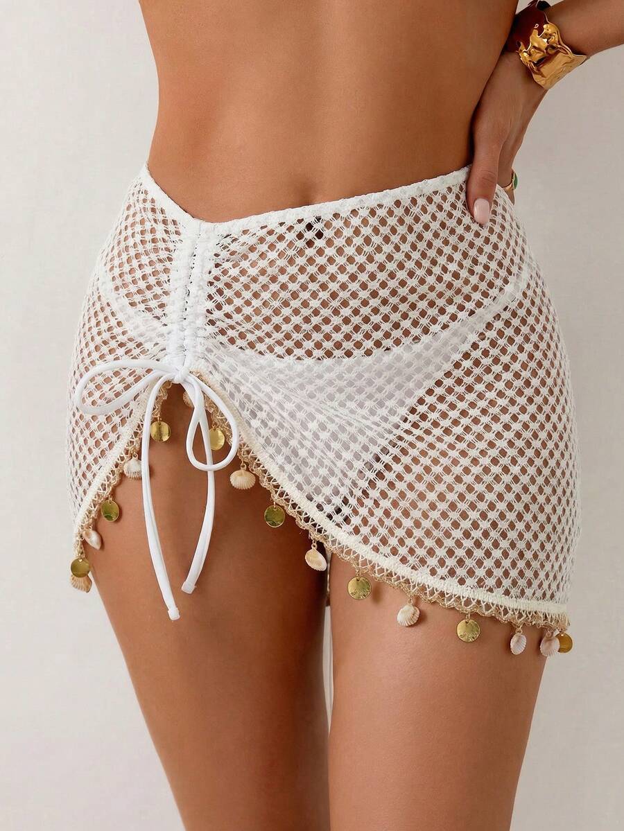 Swim Vcay 2026新款女士夏季沙滩度假网纱特殊面料亮片流苏抽绳腰半身裙罩衫 - 杏色 - 查看 1