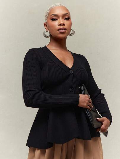 Vixey Pleated Peplum Hem Knit Ribbed Cardigan