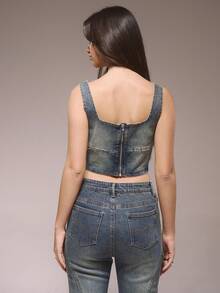 MUSERA 镂空交叉牛仔露脐上衣，冬季可爱街头风休闲西部风，褪色设计 - 藍色 - 查看 4