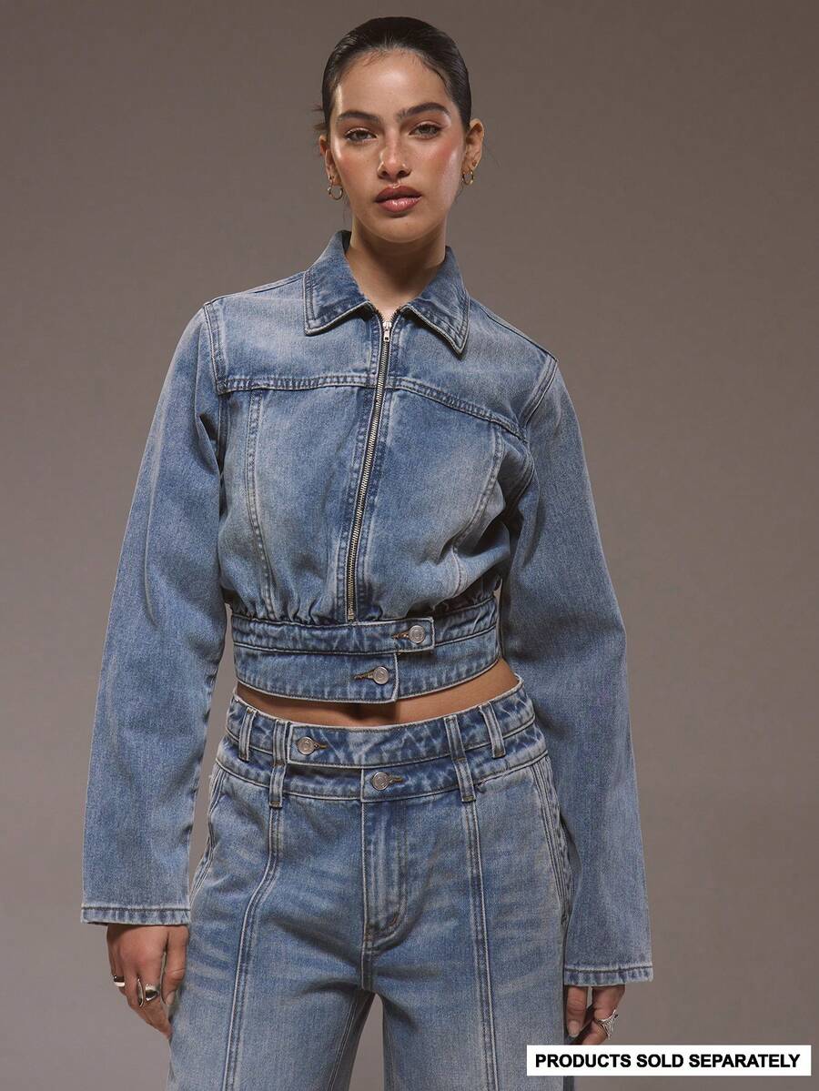 MUSERA Double Fasten Denim Bomber Jacket Only Winter Cute Streetwear Going Out Casual Western Born Faded - Medium Wash - View 1