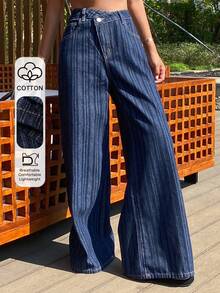 DAZY Women's Criss-Cross Waist Striped Vacation Jeans - Blue - View 1