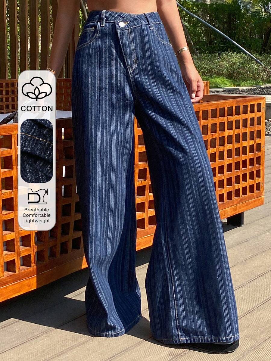 DAZY Women's Criss-Cross Waist Striped Vacation Jeans - Blue - View 1