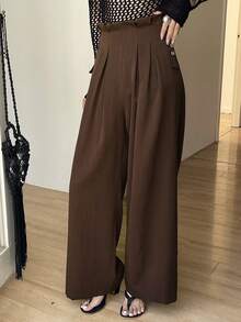 DAZY 女士优雅褶裥休闲裤，适合通勤，春季款 - 咖啡棕 - 查看 5