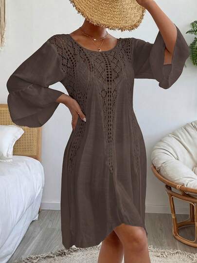 Swim Vcay 女士波西米亚风休闲度假沙滩派对镂空喇叭袖钩针编织罩衫连衣裙，春夏款