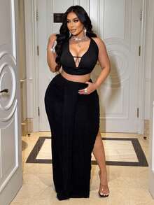 NU&NOW Plus Size Backless Halter Neck Sexy Top And Long Skirt 2 Pieces Set - Black - View 6