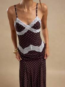 SHEIN BAE Đầm không tay phối ren chấm bi thanh lịch dành cho nữ, thích hợp cho mùa hè. - màu nâu - Xem 5