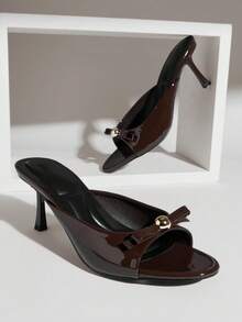 SHUZIA Women's Round Toe Bow Ribbon Slide Low Heel Sandals Valentine's Day - Chocolate Brown - View 1