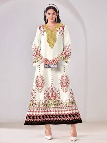 Yasmyna Casual Floral Print Contrast Lace Flare Sleeve Loose Arabic Dress - Multicolor - View 1