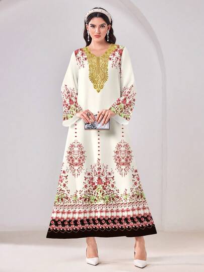 Yasmyna 休闲印花撞色蕾丝喇叭袖宽松阿拉伯连衣裙