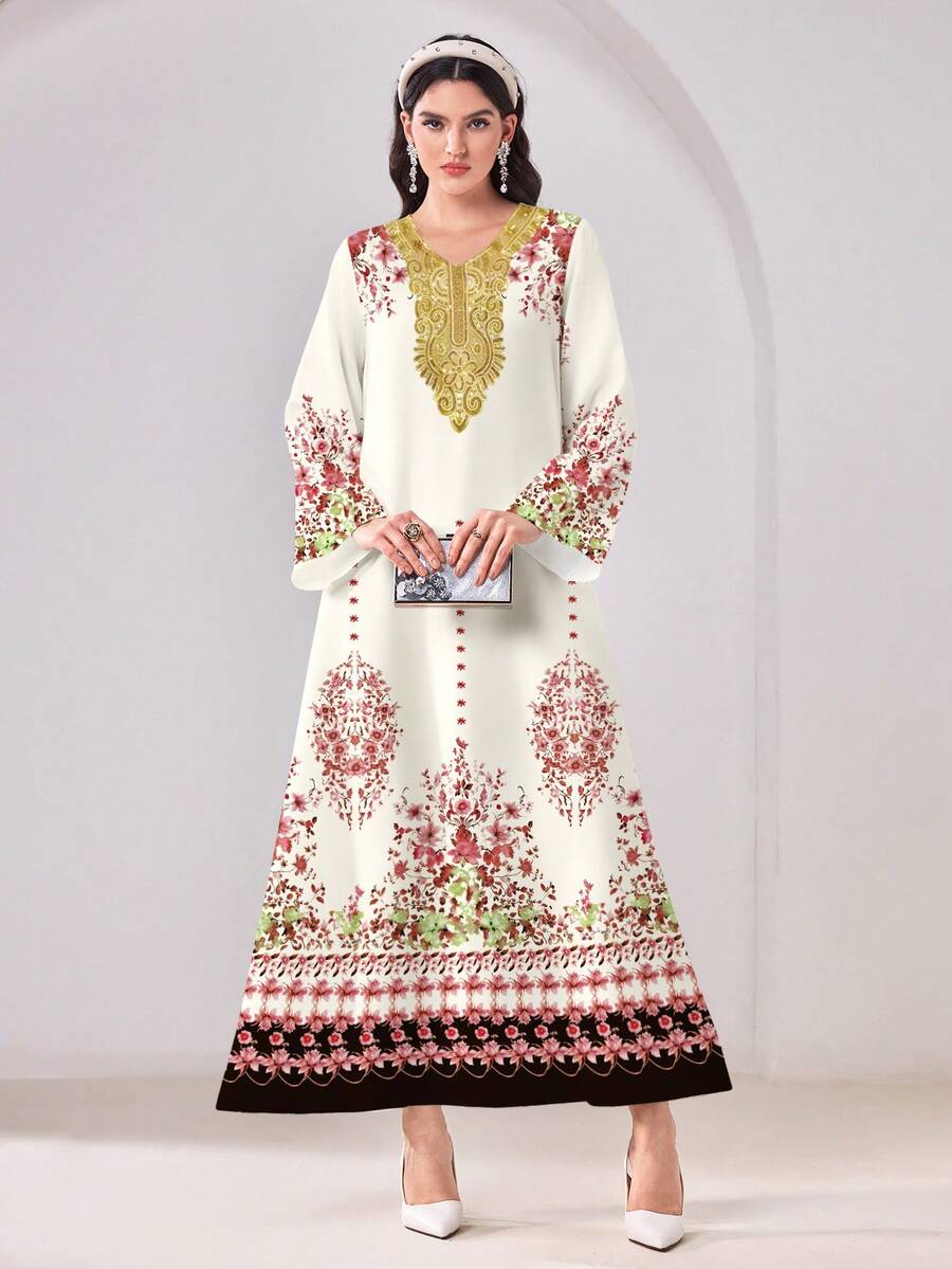 Yasmyna Casual Floral Print Contrast Lace Flare Sleeve Loose Arabic Dress - Multicolor - View 1