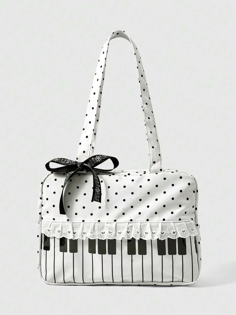 ROMWE Anime 1 pieza Bolso de mano de mujer con estampado de lunares, parche de corazón con lazo, estilo pop art. Bolso de hombro transparente de segunda generación con notas musicales, adecuado para compras, campus - Blanco puro - Ver 1