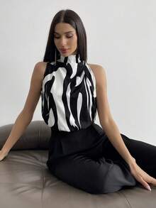 Firerie Blusa de mujer de cuello alto sin mangas con estampado geométrico/abstracto en forma de H - Negro - Ver 5