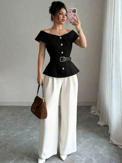 Rafferiza 女士露肩纯色纽扣休闲百搭日常上衣