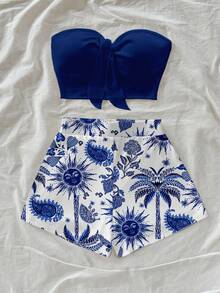 Soleia Bộ đồ 2 mảnh dành cho nữ, kiểu dáng thường ngày, màu trơn, gồm áo quây và quần short họa tiết nhiệt đới, thích hợp cho kỳ nghỉ. - Nhiều màu - Xem 5