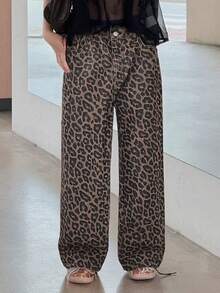 Dazy Kids Tween Girls' Leopard Print Pocket Button Casual Versatile Daily Wear Wide Leg Jeans - Brown - View 3