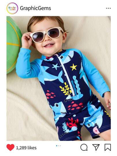 Infant Zipper Swimsuit, Shark & Ocean Creature Print. Essential Fashion Item For Summer Beach Vacation. Long Sleeve Design, Blue Color Contrast, Cute Shark & Ocean Creature Cartoon Pattern. Lively Design. Suitable For Adorable Baby Boys To Wear During Beach Play And Vacation Swim Suits For Kids Toddler Swim Suits For Kids Baby Swim Wear Baby Boys Clothing Swim Swimming Suits For Baby S