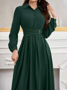 Modelyn Simple Button Front Belted Collar Long Sleeve Modest Dress Long Evening Dresses - Dark Green - View 3