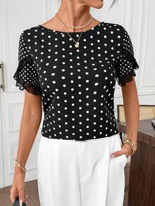 Editum Blusa de mujer con volantes de lentejuelas y mangas cortas, Día de San Valentín - Blanco y Negro - Ver 7