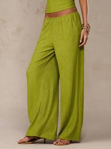 SHEIN BAE Olive Green Textured Woven Low Waist Elastic Waist Pocket Wide Leg Pants, Suitable For Beach, Summer, Casual - Olive Green - View 5