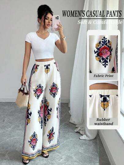 Elenzga Women's New Fashionable And Elegant Placement Print Elastic Waist Loose Fit Pants, Suitable For Commuting, Streetwear, French Romantic, Casual, Middle Eastern Retro, Afternoon Tea Gathering, Party, Thanksgiving, Back To School Season, Spring/Summer