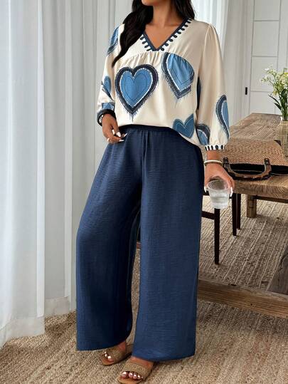 Weeklong Büyük Beden Kadın Kalp Baskılı Günlük Tatil Fener Kollu Gömlek ve Geniş Paçalı Pantolon Takımı, İlkbahar/Yaz