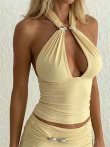 Aloruh 女士性感镂空金属扣装饰系带露背吊带上衣，浅黄色，春季女装，外出上衣，性感女式上衣 - 淡黃色 - 查看 2