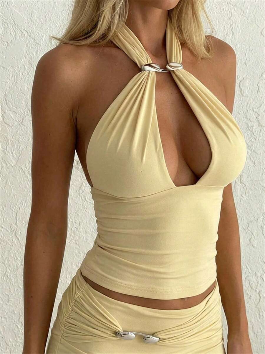 Aloruh 女士性感镂空金属扣装饰系带露背吊带上衣，浅黄色，春季女装，外出上衣，性感女式上衣