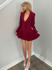 Sydney Algeri 1pc Women Solid White Sexy Deep V Neck Lapel Button Front Long Sleeve Elegant Pleated Dress,Business Casual Woman,Elegant Dresses For Party - Burgundy - View 3