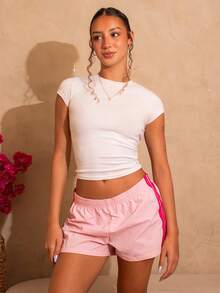 juhmazzocco 2pcs Women's Contrast Color Waistband Shorts, Summer - Multicolor - View 1