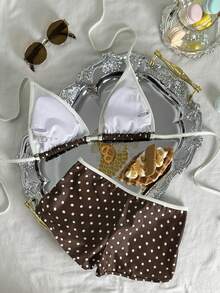 Swim Mod 夏季新款欧美风波点印花挂脖两件式泳衣，撞色滚边抹胸比基尼上衣，系带设计，性感泳装，甜美海滩度假比基尼 - 彩色 - 查看 6