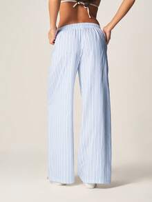 MISSGUIDED Vertical Striped Wide Leg High Rise Palazzo Trousers Casual Loose Fitting Summer Pants Elastic Waist Flowy Beach Vacation Comfortable Loungewear - Baby Blue - View 2