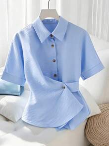 Franclia Nueva camisa de verano de moda para mujer con cuello de solapa, botones y corte asimétrico, de estilo casual y holgado con cintura ceñida - Azul - Ver 4