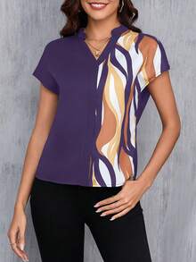 SHEIN Clasi 女士短袖休闲优雅简约撞色V领衬衫 - 紫色 - 查看 3