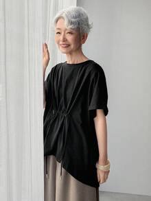 FRIFUL Camiseta casual de mujer de unicolor con cordón en la cintura y aberturas laterales, corte holgado, versátil, para primavera/verano - Negro - Ver 3