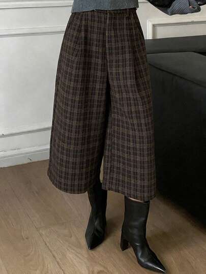 Livesso 女士复古休闲宽松阔腿七分裤，学院风印花，适合工作、通勤和上学穿着