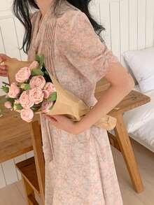 DAZY 女士碎花优雅收腰中长连衣裙 - 杏色 - 查看 1