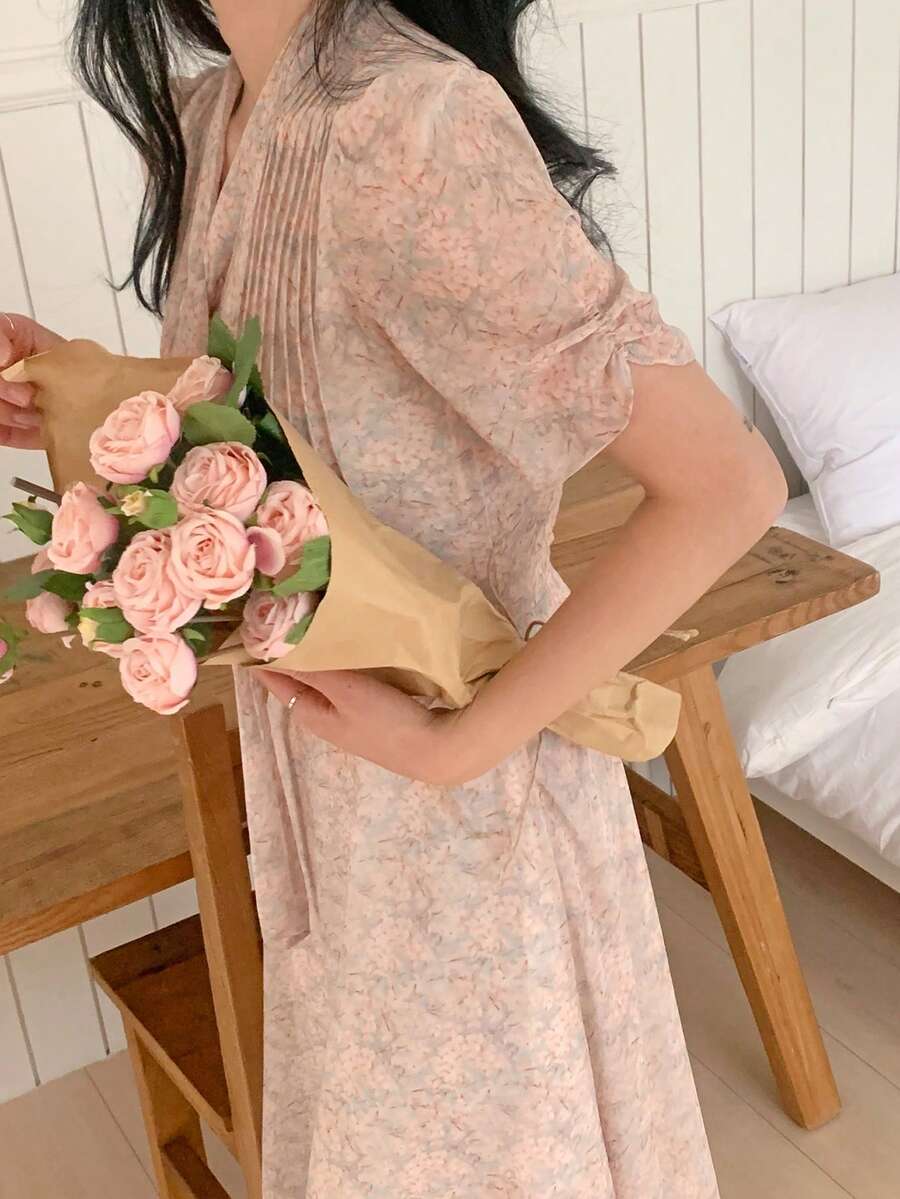 DAZY 女士碎花优雅收腰中长连衣裙 - 杏色 - 查看 1