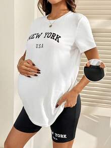 SHEIN Bộ đồ bầu 2 món kiểu dáng thường ngày, áo thun và quần short in họa tiết New York. - Đen và trắng - Xem 9