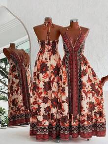 Sweetra Vacation Style Printed Minimalist Beach Slip Dress - Orange - View 1