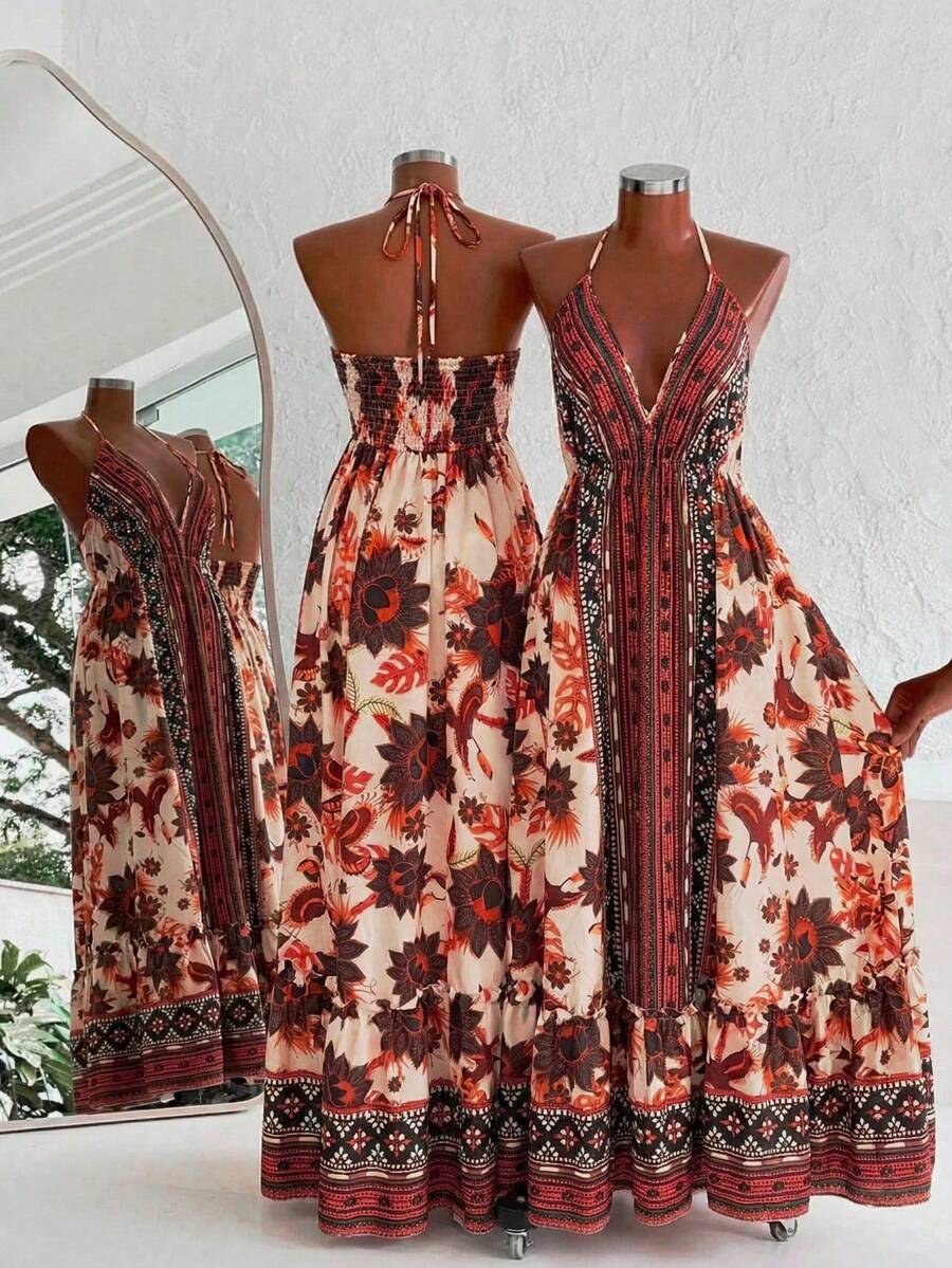 Sweetra Vacation Style Printed Minimalist Beach Slip Dress - Orange - View 1