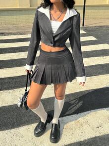 Aidyla 女士灰色梭织长袖垫肩超短款西装外套和A字裙优雅办公两件套，春夏款 - 灰色 - 查看 3