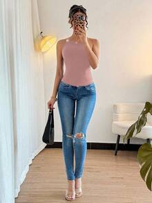 RosyDaze Áo liền thân không tay xếp ly màu đen ánh kim gợi cảm dành cho nữ - Hồng - Xem 3