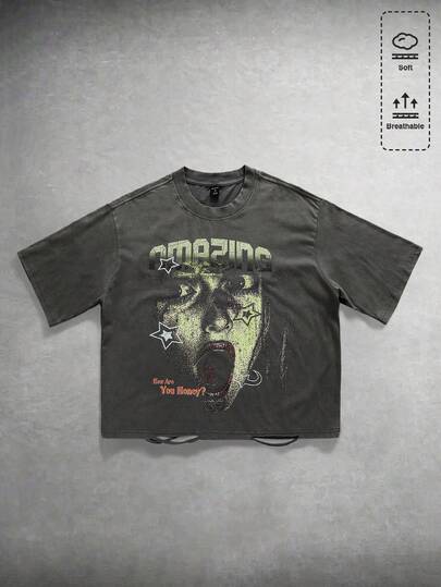 ROMWE MEN Men's Vintage Distressed Graphic Printed T-Shirt