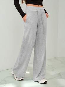 SHEIN Tall Comfortable And Casual Plain Knitted Low-Rise Wide-Leg Women's Sweatpants - Grey - View 3