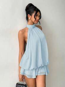 Aloruh Vestido mini elegante de mujer con cuello halter y lazo en color amarillo claro - Celeste - Ver 6