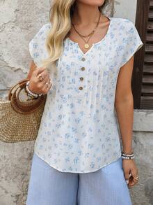 EMERY ROSE Women's Casual Ditsy Floral Notch Neck Batwing Sleeve Pleated Loose Blouse, Suitable For Beach & Holiday - White - View 4