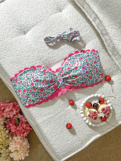 Swim Mod Plus Size Women Floral Print Swimsuit Top With Petal Trim, Suitable For Christmas Pool Party