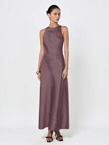 Aveloria Modichic Minimalist Elegant Asymmetric Bias Cut Double-Sided Satin-Like Acetate Fabric A-Line Sleeveless Dress For Women - Dusty Purple - View 3