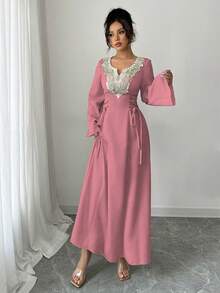Yasmyna 女士梭织纯色拼接领长袖系腰阿拉伯连衣裙 - 粉色 - 查看 7