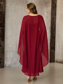 Roveilla 大码女装新款时尚优雅性感红色半透明长披肩吊带修身连衣裙两件套 - 紅色 - 查看 2